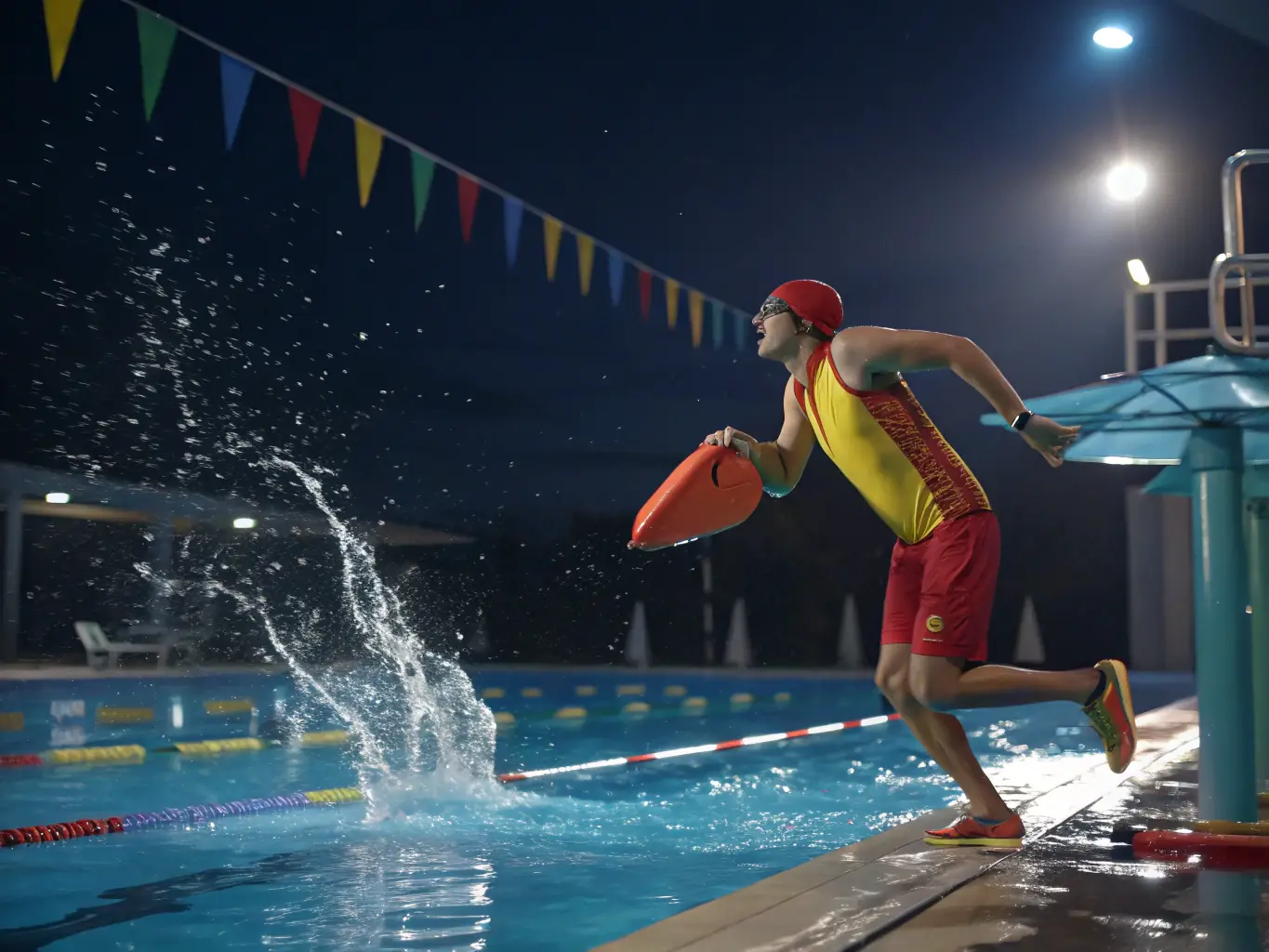 A lifeguard training session in a pool, demonstrating rescue techniques and emergency response procedures, with participants practicing various life-saving skills.