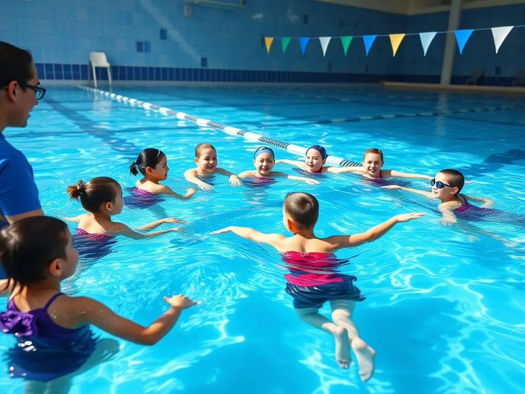 A group of children participating in a swimming lesson, focusing on proper technique and water safety, with certified instructors providing guidance in a clear, modern swimming pool.