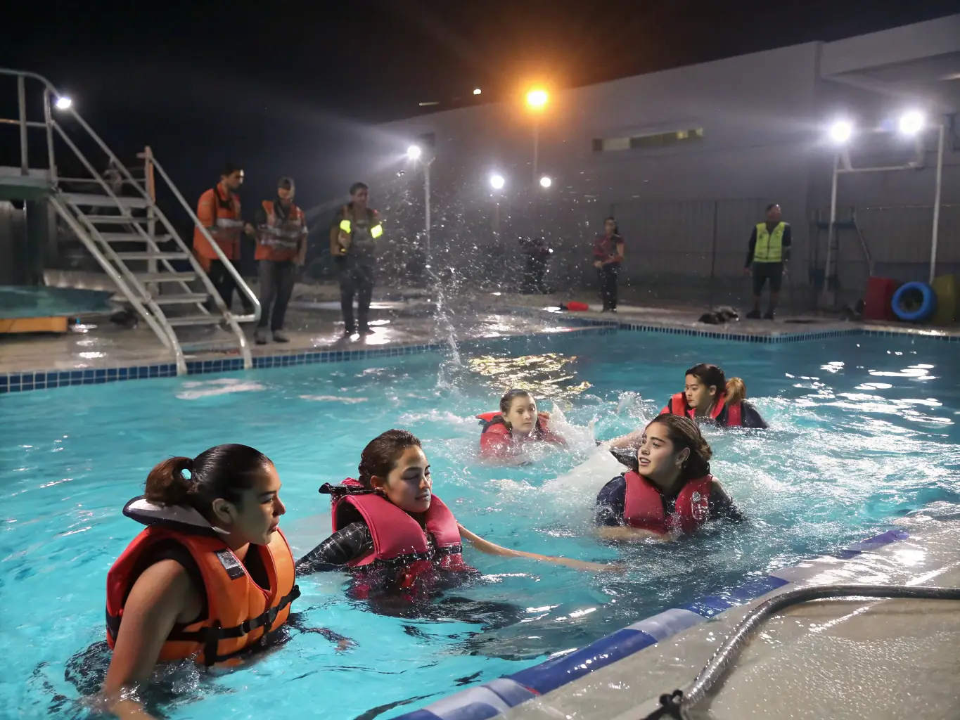 A group of individuals participating in a water safety training session, learning essential rescue techniques and emergency procedures. The image emphasizes the importance of water safety education in preventing accidents and saving lives.