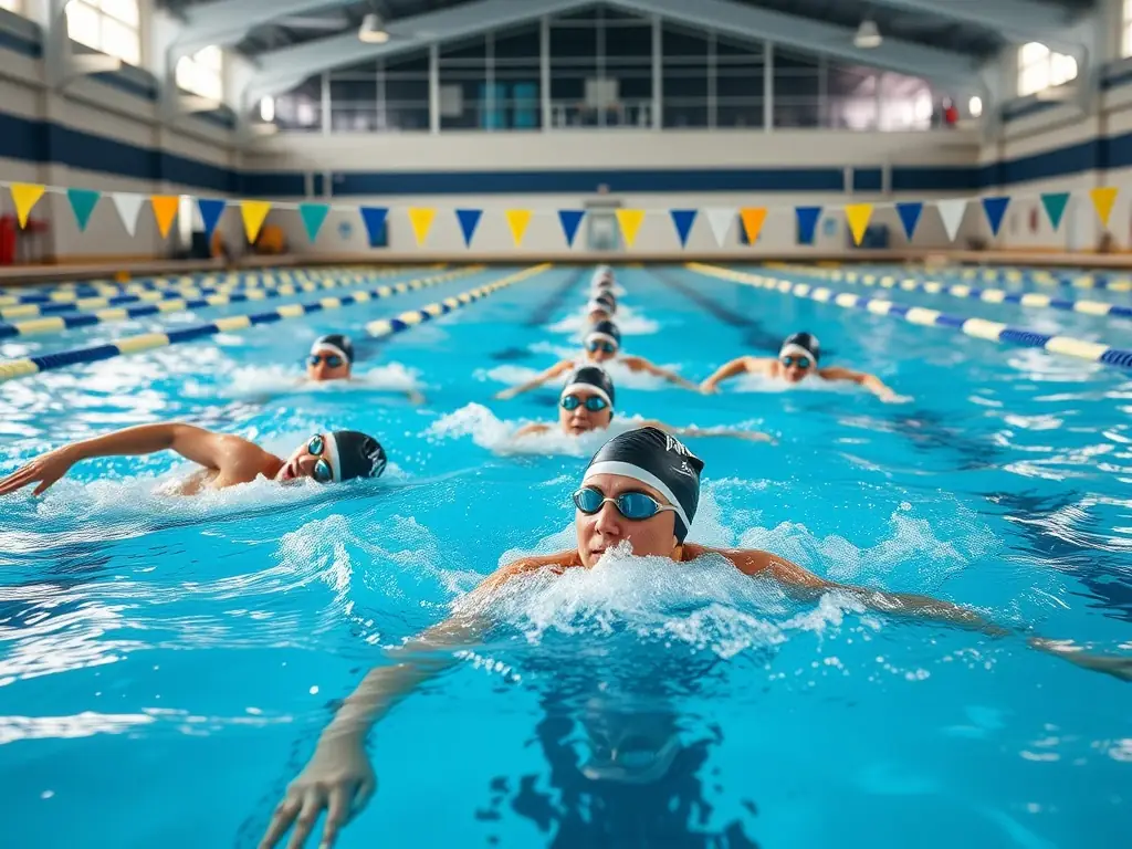 A photograph of competitive swimmers in action during a local swimming competition, showcasing the intensity and excitement of the event. The image captures the spirit of sportsmanship and athletic achievement.