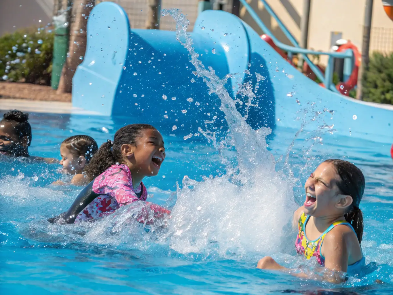 A dynamic shot of a diverse group of children participating in a beginner's swimming lesson, guided by a certified instructor in a bright and clean indoor pool. The focus is on creating a fun and safe learning environment.