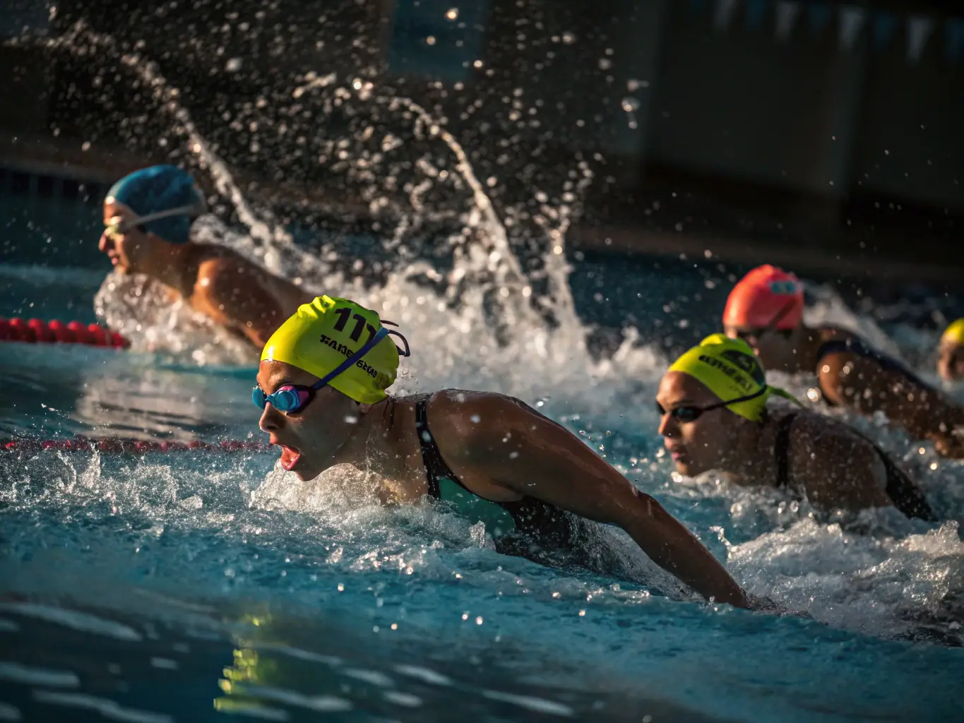 An action shot of competitive swimmers participating in a race, showcasing their speed and agility. The image captures the excitement and intensity of competitive swimming, highlighting the organization's role in developing talented athletes.