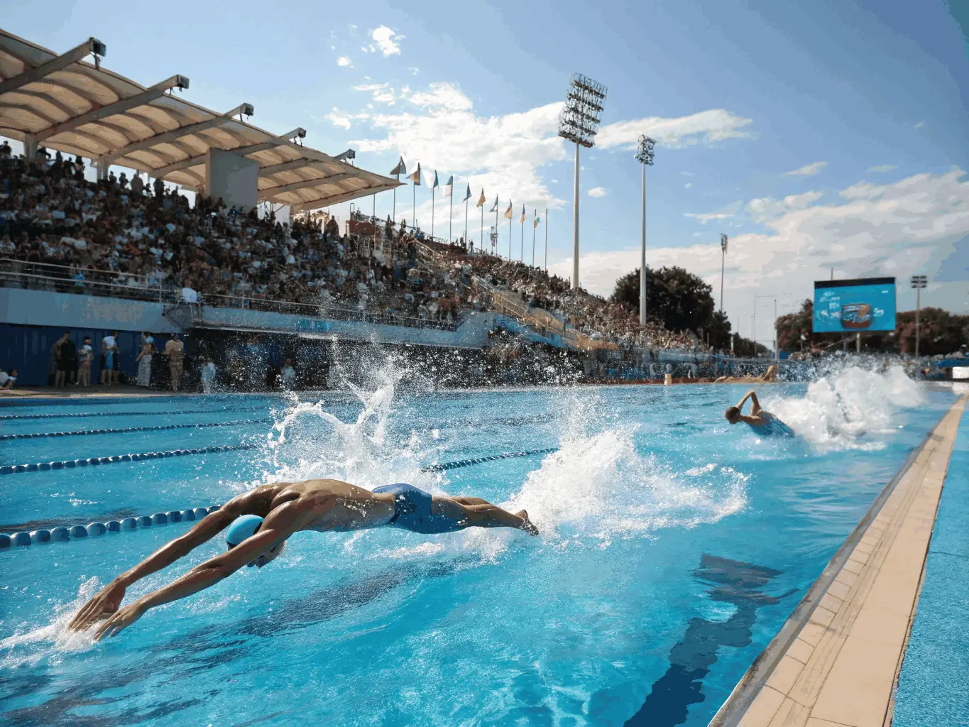 A dynamic shot of a competitive swimming event, showcasing athletes racing in a pool, with spectators cheering and timers recording results.